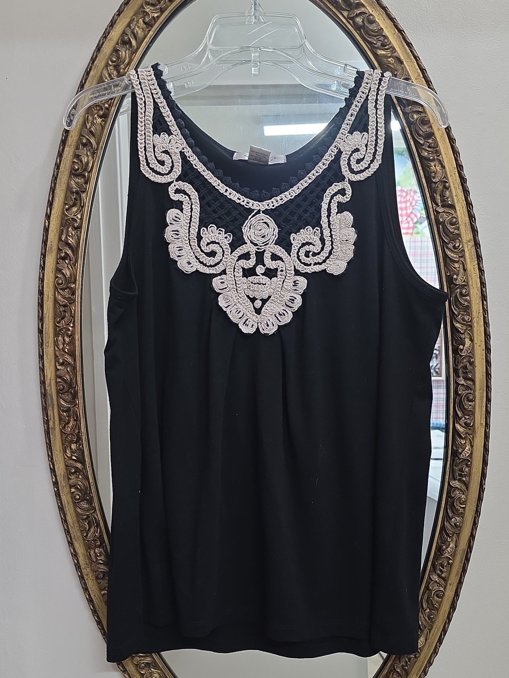 August Silk Black Beige Embroidered Loose Fitting Scoop Neck Tank Top size L